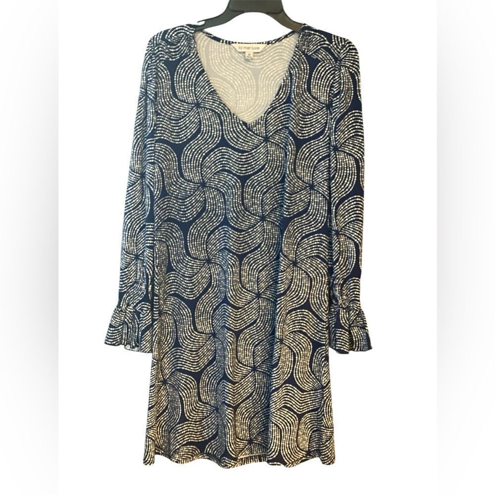 La Mer Luxe Sz M Elegant Blue White Flared Sleeve Luxury Relaxed Dress